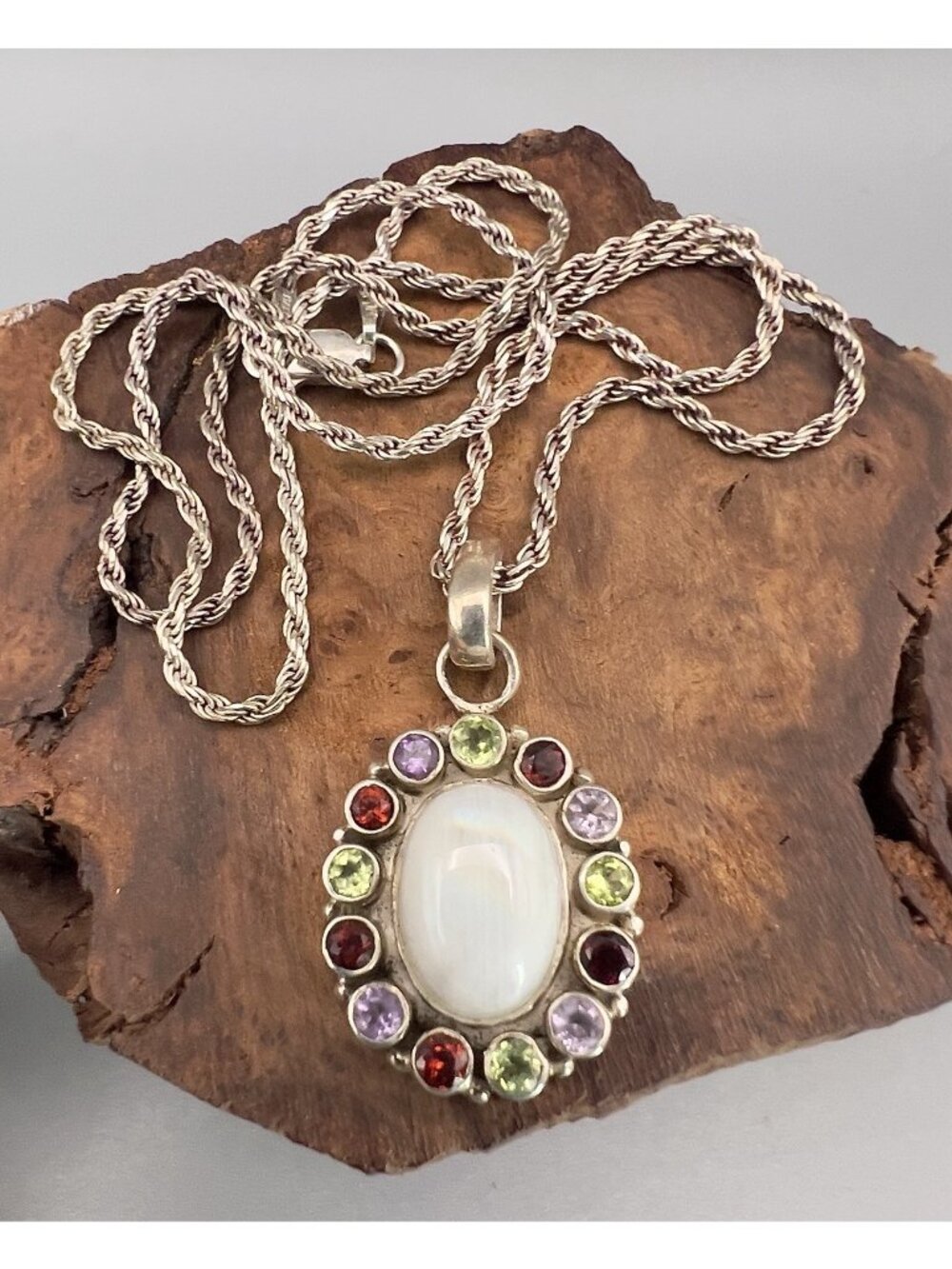 Vintage 925 Sterling Silver Rainbow Moonstone Multi Gemstone Pendant Necklace